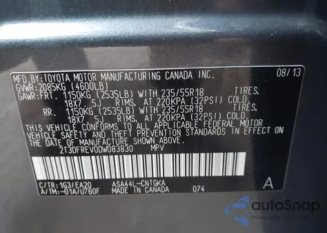 2013 Toyota Rav4 Limited from USA, damaged, VIN 2T3DFREV0DW083830